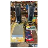 2 lasko fans, slide file, card shuffler