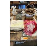 Baskets, towels, vintage scale