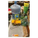 Jars, jug, cat dump truck