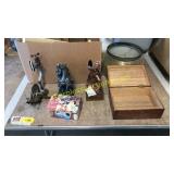 Figurines, wooden box, picture frames