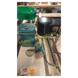 Crosley radio, flour tin, lamp, gardening tools