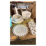 Milk glass Dish set, platter, glass jar