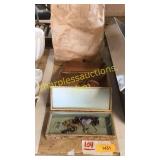 Jewelry, jewelry boxes, vintage 7 up cans