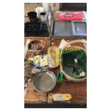 Wicker basket, candle holder, copper bowl