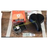 Schwinn bike seat, Timex watch, protein bars