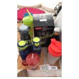 Pour over coffee maker, water bottles