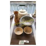 Metal kettle, vase, bowls