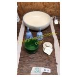 Large stoneware bowl, planter, bells