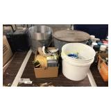 Metal bucket w/wooden lid, misc garage