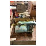 Vintage Morse sewing machine, picnic basket