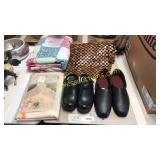 Place mats, tied quilt, table cloths, shoes