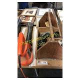 Wood toolbox with misc tools, blower