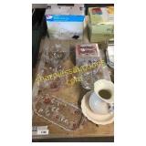 Glass bowls/tray, pitcher, mugs