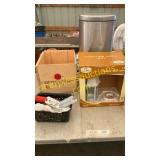 Outdoor lantern, trash can, wooden crate