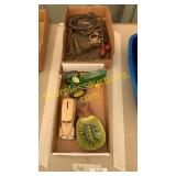 Horse shoes, vintage tractor, piggy bank