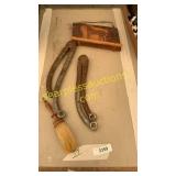 Brush, horse wall hanging, metal tools