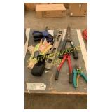 Gloves, hedge trimmer, nippers, clamps