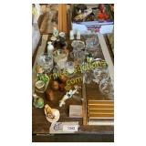 Assorted salt & pepper shakers + glassware