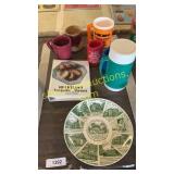 Decorative plate, mugs, assorted household goods