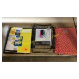 Notebooks, folders, shelf