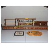 Group teddy bear shelves, clock sign, picture