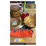 Woven baskets, assorted household goods