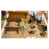 Wooden shelves, wall lanterns