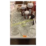 Bear canisters, glassware, antique potato press