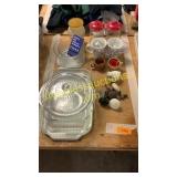 Vintage door knobs, glass pans, Pyrex mixing bowls