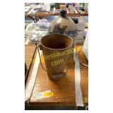 5 gallon decorated jug, vintage metal can