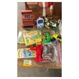 Vintage ET cash register, roller skates, misc toys