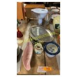 Silver platters, water pitcher, glassware