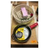 Lodge cast iron 10.25 inch skillet, basket, misc