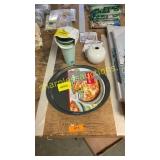 Pizza pan, reusable cups, stickers, vase