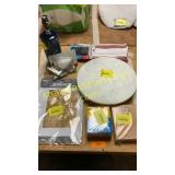 14" marble lazy Susan, lamp, misc