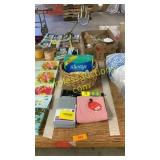 Pillowcases, scraper, basket, lamp