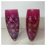 (2) 10' Cranberry Etched Glass Footed Vases