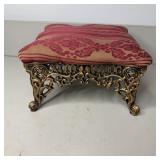 7' Cast Iron Victorian Footstool Red & Gold Fabric