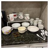 Assorted Coffee Cups, Bowls, Spoons, & Napkin