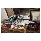 Table Lot- Gloves, Jewelry, Clock, Scarf, & More