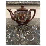 Handpainted Redware Teapot Brown Glaze Gold