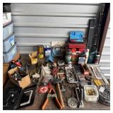 Table Lot- Bolts, Oil, Chain, Brackets, Tools, &