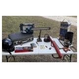 Table Lot- Helmet, Desk Lamp, Suitcase, Hacksaw,