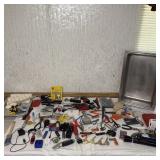 Table Lot- Metal Pan, Painting Supplies, Tolls, &