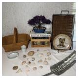 Table Lot- Basket, Tray, Metal Leaf, Seashells, &