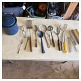 Assorted Dishes-Enamel Pot & Spoon, New Knives,
