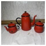 Red Enamel Coffee Pot Creamer, & Sugar