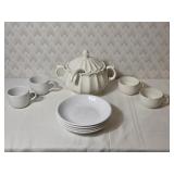 White Vintage Soup Tureen, Cups & Bowls