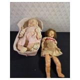 Vintage Doll in Cradle & Doll in Dress