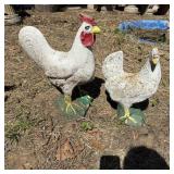 (2) Rooster/Hen Concrete Garden Statues